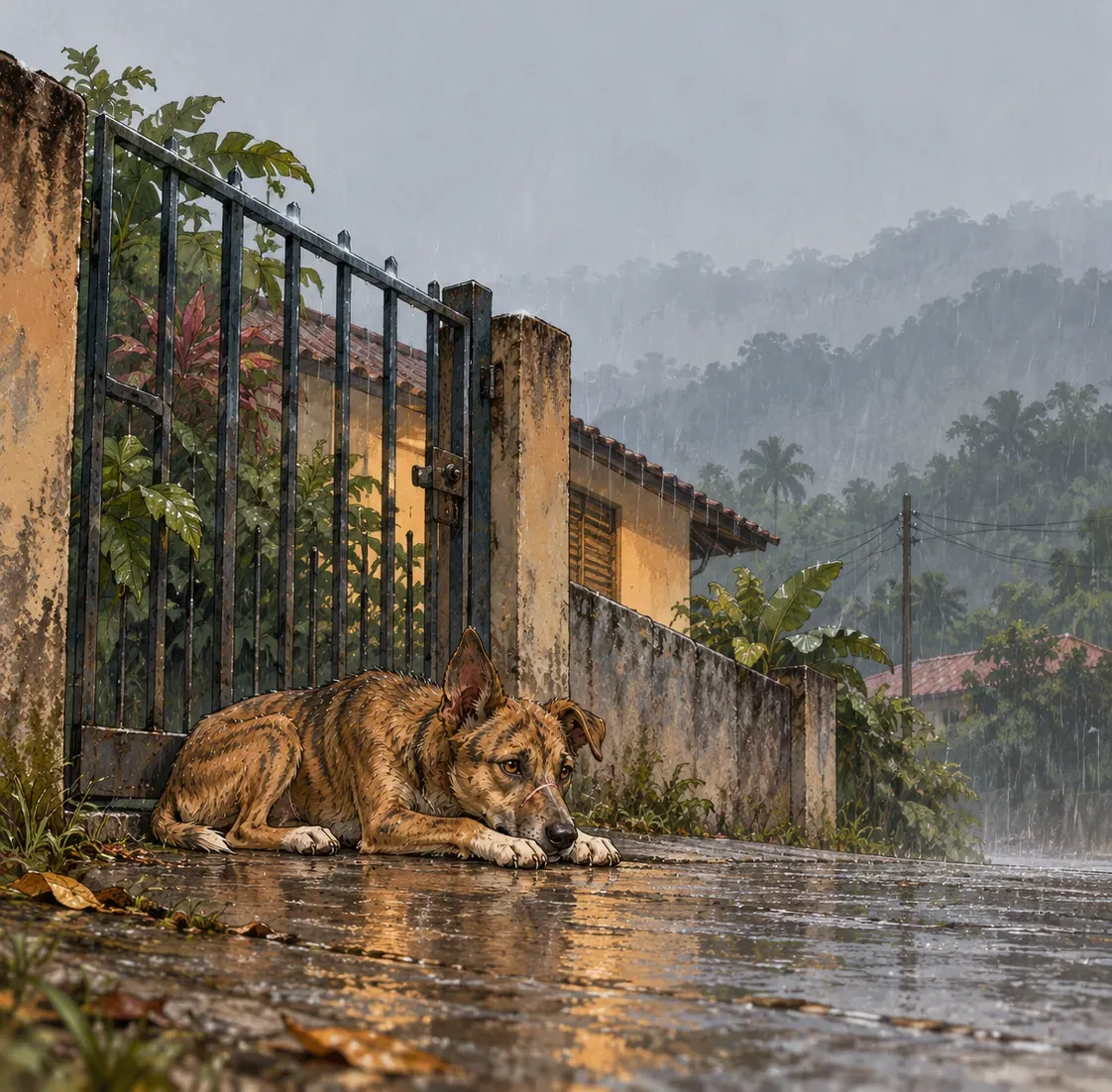 Ilustración: un perro joven echado y mojado frente al portón de una casa de barrio, bajo una lluvia fina, al amanecer.