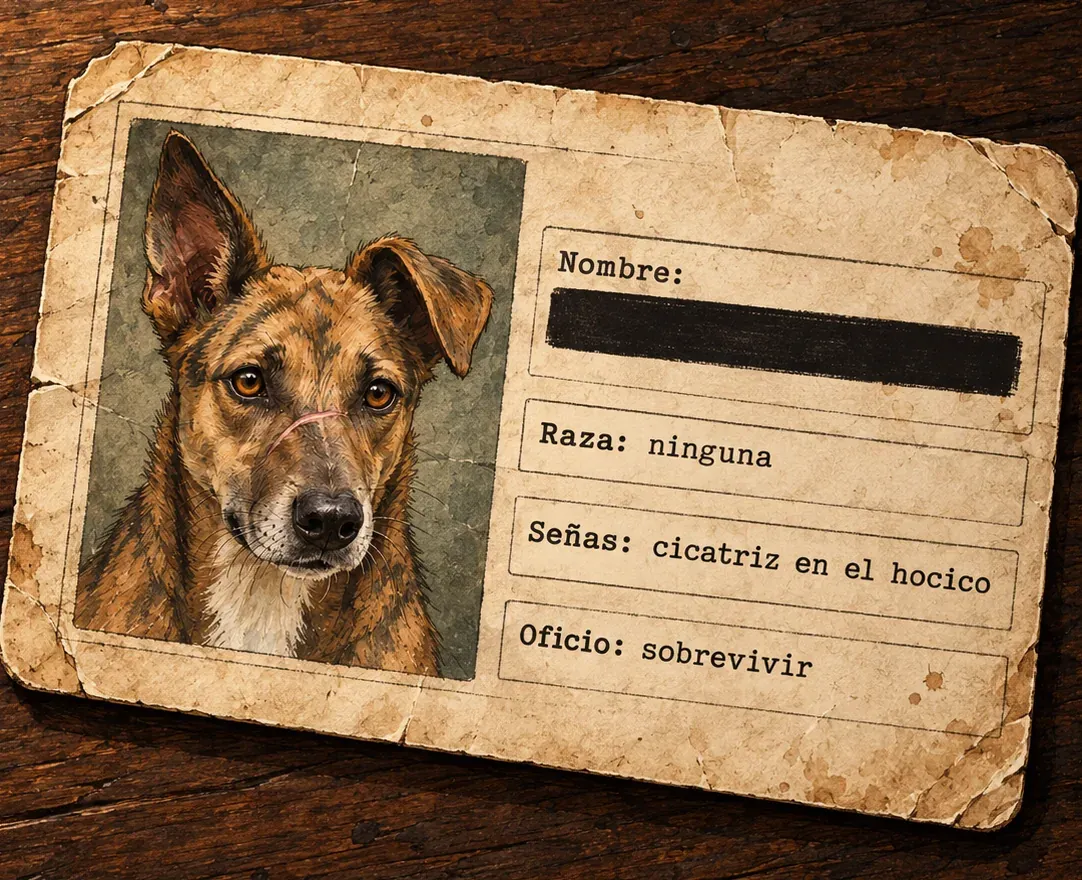 Ilustración de una cédula de papel viejo con la foto de un perro. El nombre está tapado con una barra negra. Dice: Raza, ninguna. Señas, cicatriz en el hocico. Oficio, sobrevivir.