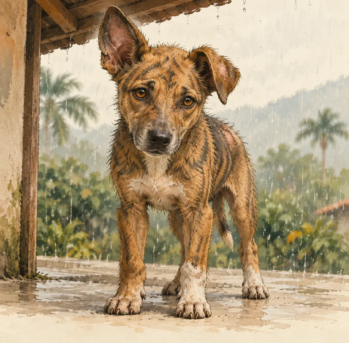 Ilustración: un cachorro flaco, de pelo apelmazado, de pie bajo un alero mientras llueve, mirando de frente.