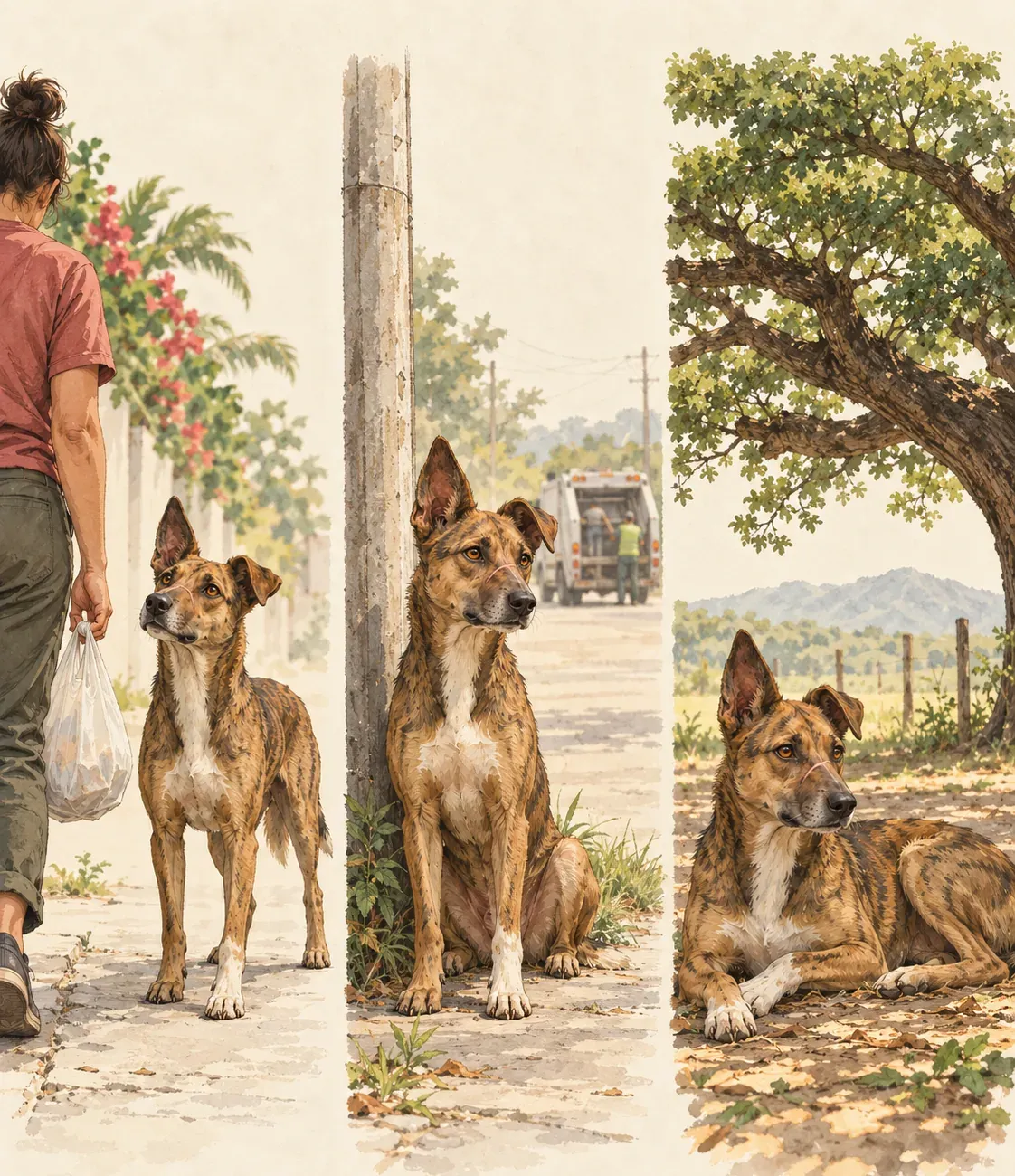 Ilustración en tres viñetas del mismo perro: mira a una persona que lleva una bolsa, espera sentado junto a un poste mientras pasa el camión, y descansa a la sombra de un árbol.