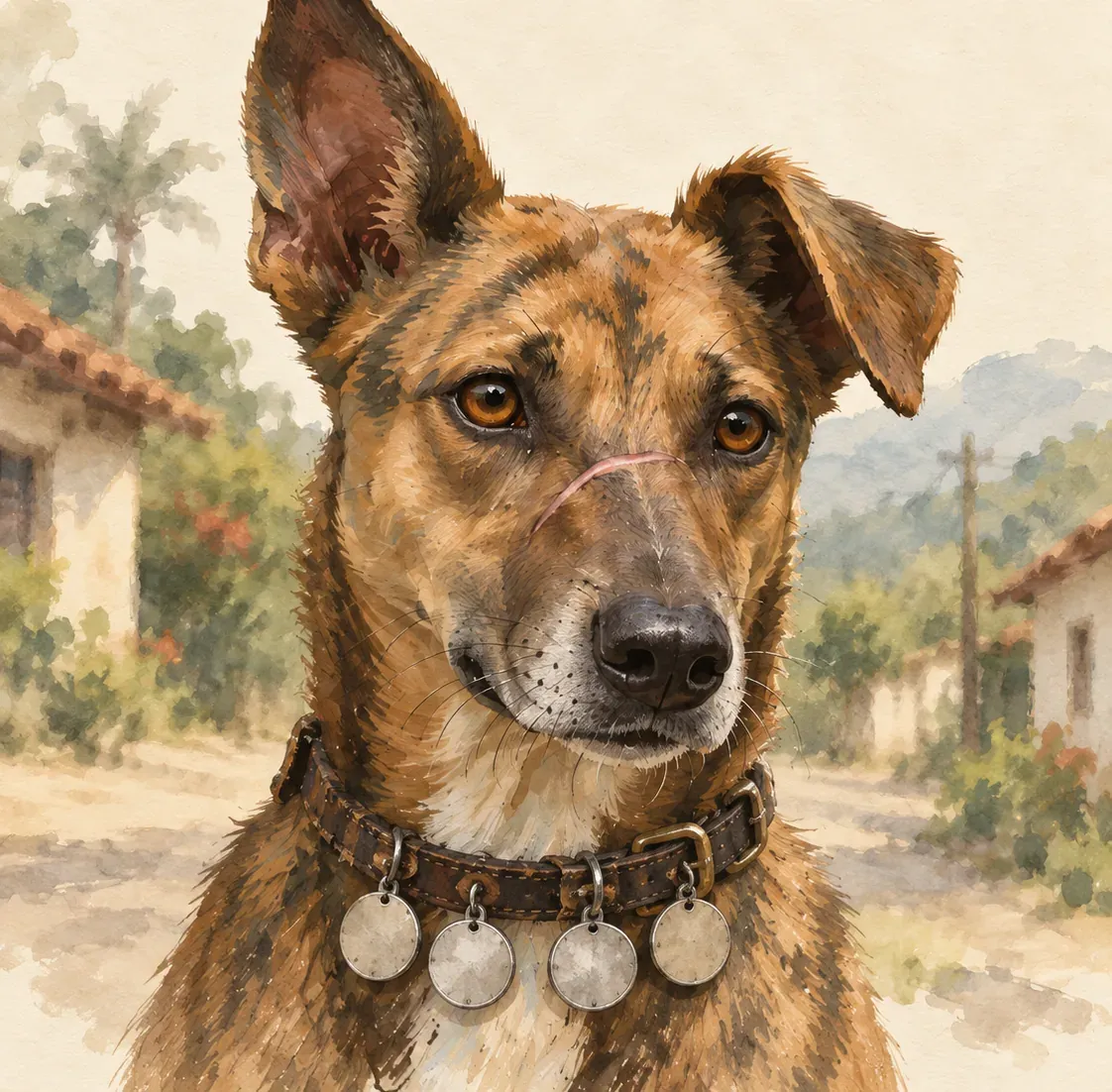 Ilustración: primer plano del perro joven con un collar viejo de cuero del que cuelgan cuatro chapas de metal.