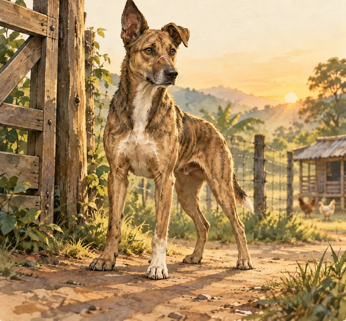 Ilustración: el perro joven de pie junto al portón de madera de una finca, atento, al atardecer.
