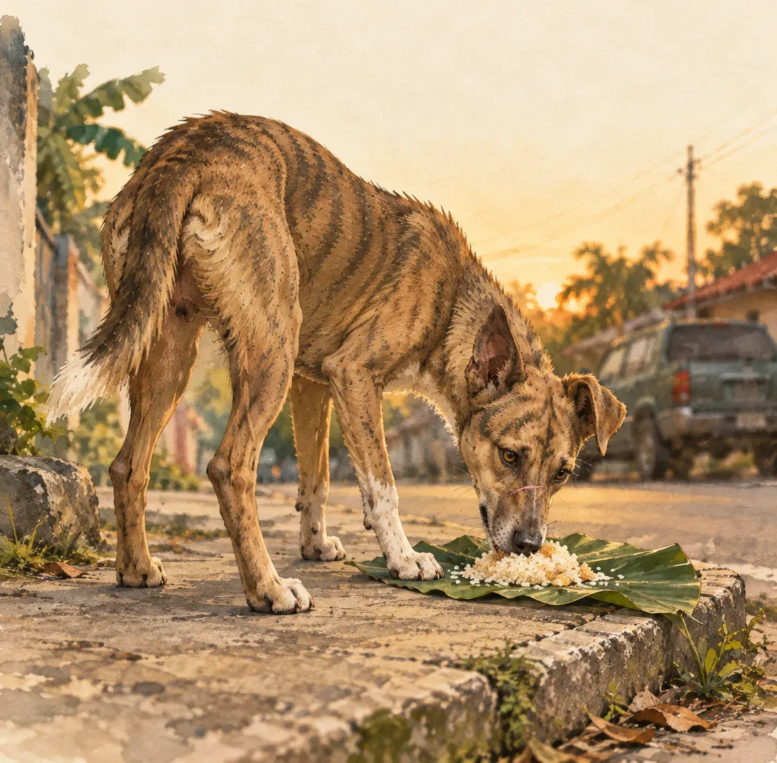 Ilustración: el perro come de una hoja de plátano en una acera, al atardecer.