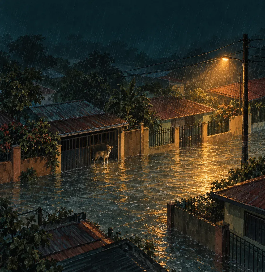Ilustración nocturna vista desde arriba: un barrio de casas bajas con la calle inundada, y un perro pequeño de pie bajo un portón, con una sola luz de poste encendida.