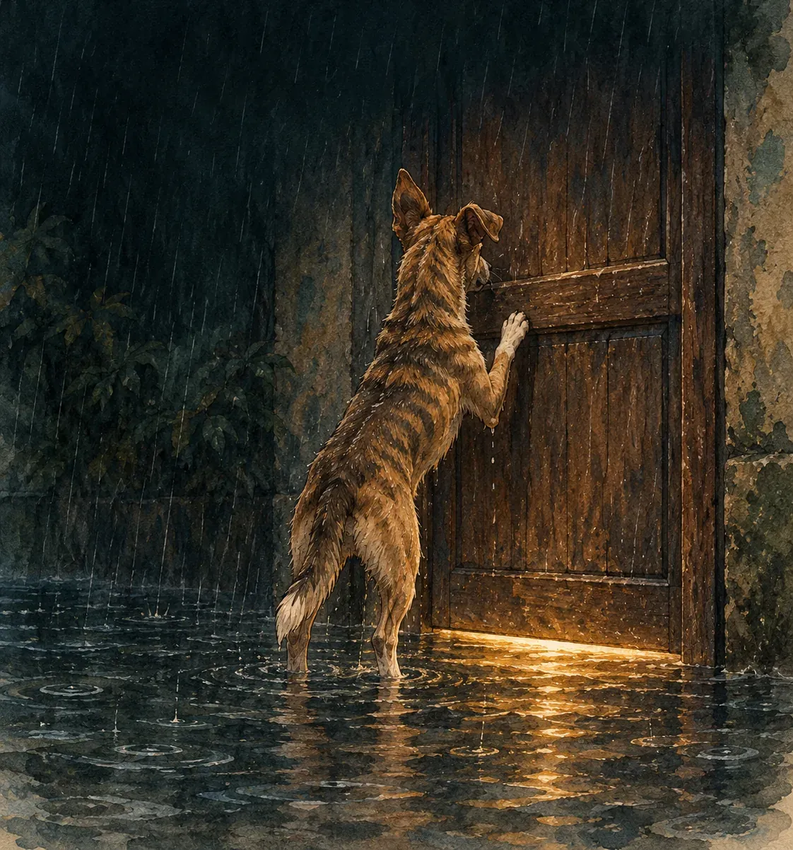 Ilustración nocturna: el perro visto de espaldas, con las patas delanteras apoyadas en una puerta de madera, el agua a la altura de las patas y una línea de luz bajo la puerta.