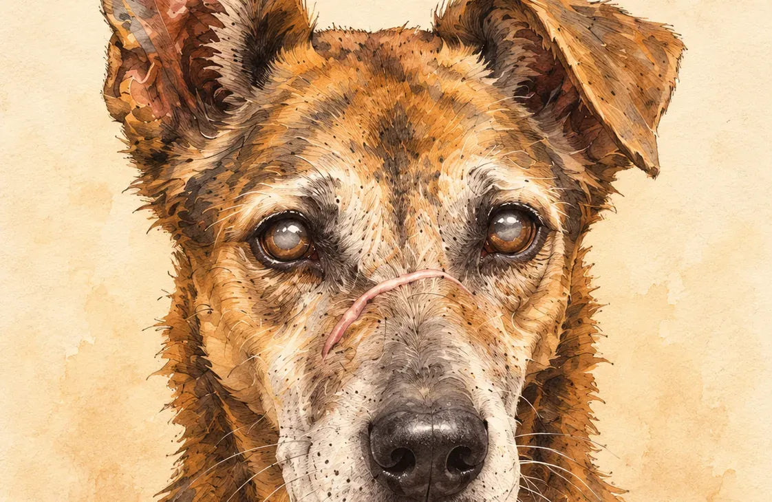 Ilustración: retrato de frente del mismo perro ya viejo, con el hocico canoso, la cicatriz y la oreja doblada.