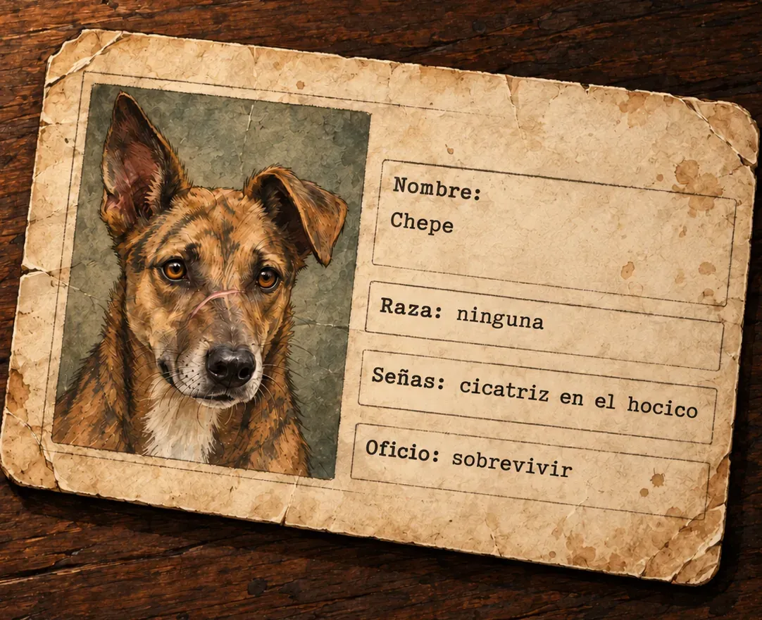 Ilustración de la misma cédula, ahora con el nombre a la vista: Chepe. Raza, ninguna. Señas, cicatriz en el hocico. Oficio, sobrevivir.