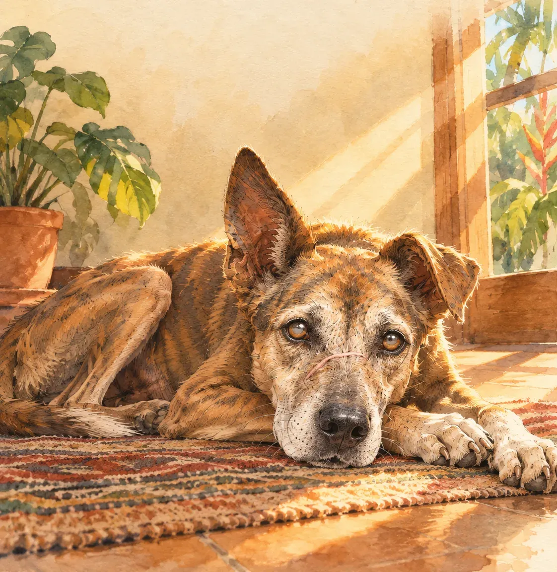 Ilustración: Chepe, ya viejo, echado sobre una alfombra dentro de una casa, bajo un rayo de sol que entra por la ventana.