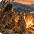 Ilustración: una persona y un perro sentados frente a una fogata.