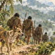Ilustración: un perro camina junto a un grupo de personas por un sendero de montaña.
