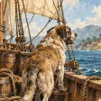 Ilustración: un perro grande en la cubierta de un barco de vela, mirando hacia la costa.