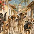 Ilustración: varios perros distintos caminan juntos por la calle de un pueblo.
